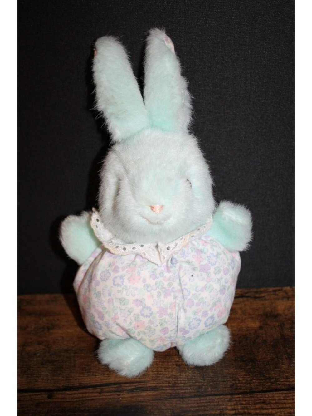 Vintage Russ Bunny Plush Stuffed Blue W/ Floral Outfit & Ears 8” w/ Lace Collar